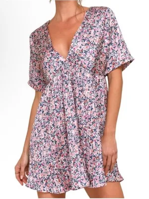 Lulus‎ Floral Babydoll Mini Dress Womens S Pink V Neck Open Back Boho Cottage thumbnail 1