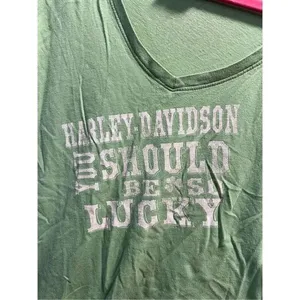 Harley Davidson You Should Be So Lucky Green V-Neck T-Shirt Woman’s Size Large thumbnail 4