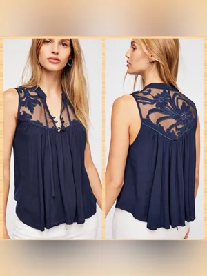 Free People Navy Floral Embroidered Sheer Yoke Tank thumbnail 2