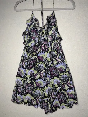Free People Floral Spaghetti-Strap Romper in Black, Lavender, Lime thumbnail 4