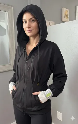 Free People Movement Black Double Corset Knit Cuffs Full Zip Hooded Jacket Medium. thumbnail 1