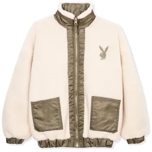 Playboy x Missguided Jacket Bomber Fleece Bunny Logo Ivory Olive Women’s Size 4 thumbnail 1