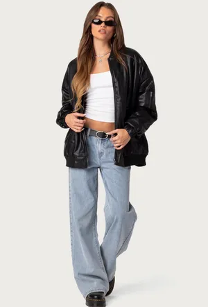 Edikted Faux Leather Oversized Bomber Jacket thumbnail 2