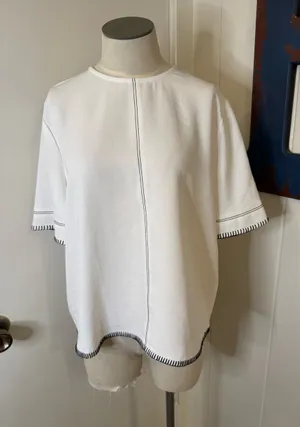 Zara White Short Sleeve Top with Black contrast stitching Sz L thumbnail 1