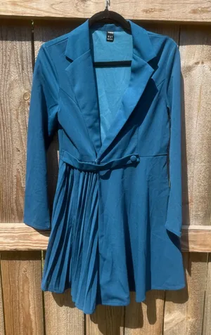 Shein Teal Pleated Blazer Dress Long Sleeve Mini Size M US 6 thumbnail 1