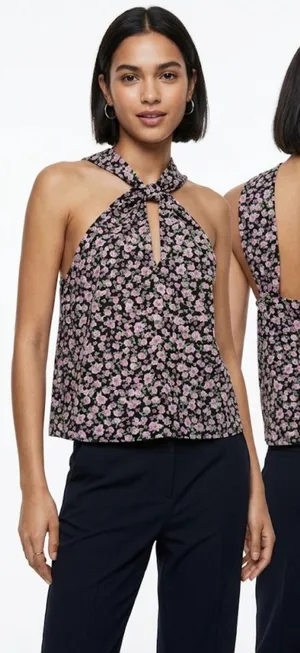 ZARA Floral Print Twist Halter Top Black Pink Cutout Back size small thumbnail 1