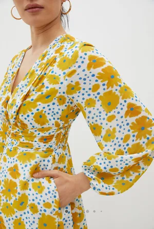 Vera for Anthropologie Sz XS Buttercup Mini Dress Floral Yellow Blue Buttons thumbnail 2