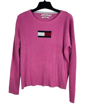 Tommy Hilfiger Ribbed Knit Sweater Womens XL Pink Flag Logo Y2K Preppy FLAW thumbnail 1