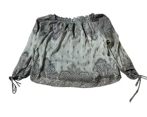 LOFT M Paisley Off Shoulder Boho Blouse Grey Gray Border Print Tie Cuff Peasant thumbnail 1