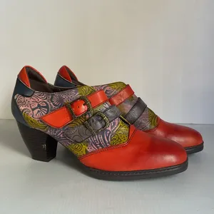 Mary Jane Leather Multicolor Heels Double Buckle Chunky Block Heel Size 9.5 thumbnail 3