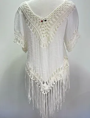 Boho Hippie White Gauzy Cotton & Crochet Lace with Fringe Top Size Medium thumbnail 3