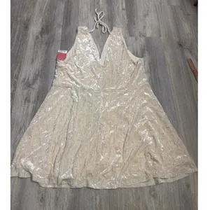 Arula Ivory Crushed Velvet V-Neck Lace Up Back Mini Dress Plus Size 3X NEW thumbnail 7