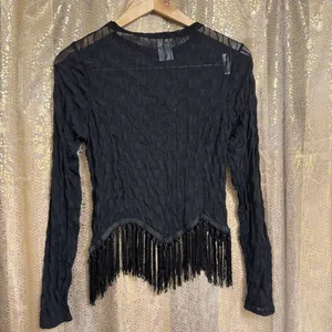 Moa Moa Black Sheer Textured Fringe Bottom Long Sleeve Top Large NWT thumbnail 2