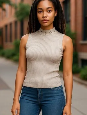 89th & Madison Cream Ribbed Fitted Tank Top thumbnail 1