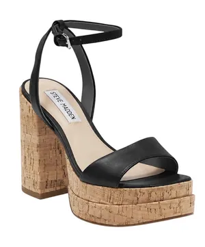 Steve Madden Warped Black Leather Cork Platform Sandals 8.5M $125 Retail thumbnail 1