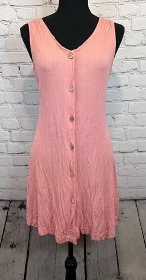 Roxy Pink Peach Dream Do‎ Ribbed Wood Button Front Mini Dress V Neck small thumbnail 1