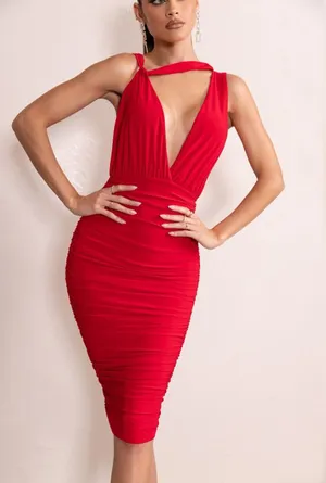 Club L London Red Plunge Ruched Dress Size 12 thumbnail 1