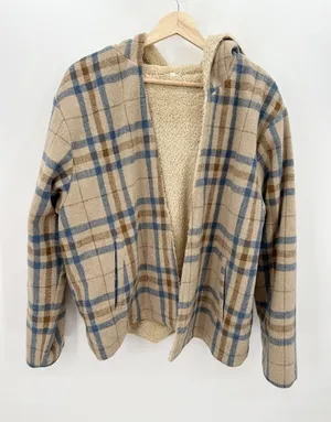 Entro Women Tan Blue Plaid Open Front Fur Lined‎ Shacket Hood Wool Blend Size L thumbnail 1