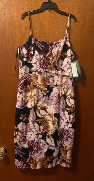 Maia Size 10 Floral Slip Dress in Black with Purple & Gold Blooms thumbnail 1