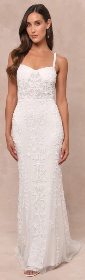 Lulus Momentous Love White Beaded Bustier Mesh Mermaid Maxi Dress Size Medium thumbnail 1