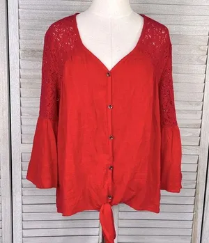 KNOX ROSE Tie Bottom Blouse w Lace Trim and Bell Sleeves Red-XL thumbnail 1