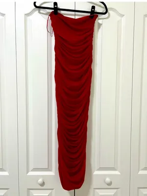 Zara Strapless Organza Dress Ruched Red L thumbnail 6