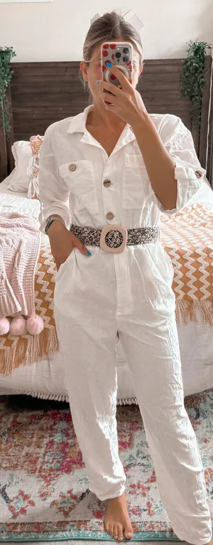ZARA White Linen Belted Jumpsuit thumbnail 1