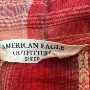 American Eagle Outfitters Red Plaid Western Sheer Button Down Shirt Small thumbnail 6
