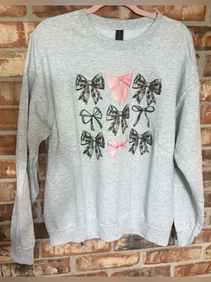 Gildan Heather Gray Crewneck Sweatshirt with Pink, Green and Camo Bows thumbnail 1