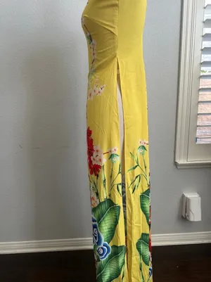 Ao Dai Silk Yellow Floral Dragon Print Long Sleeve Maxi Dress Size M thumbnail 3