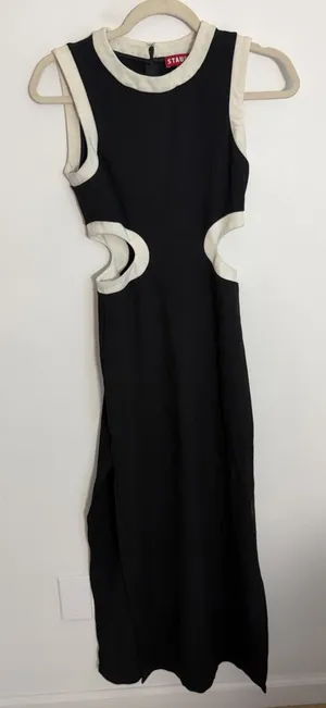 STAUD DOLCE Cutout Waist Black White Trim Maxi Sleeveless Ponte Dress Sz XS thumbnail 1