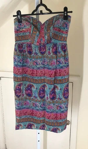 Anthropologie Maple EUC Women's Jewel Tone Paisley Silk Strapless Dress 4 thumbnail 1