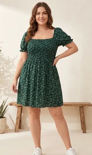 SO Dark Green Floral Smocked Puff Sleeve Dress Size L Excellent(A825) thumbnail 1