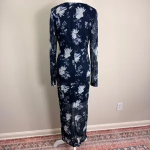 Abercrombie &‎ Fitch Navy Blue Floral Ruched Mesh Maxi Dress Large Stretch NWT thumbnail 3