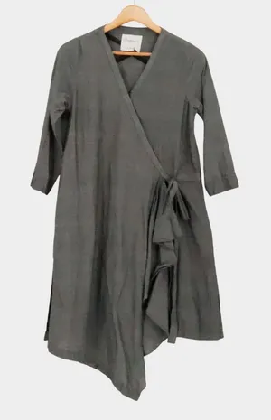 Asymmetric Midi Wrap Dress Lagenlook Womens Size XS Gray Minimalist Cotton thumbnail 1
