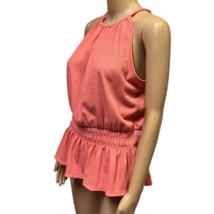 Nine West Peach Sleeveless Halter Keyhole Back Peplum Smocked Tank Top Blouse M thumbnail 3