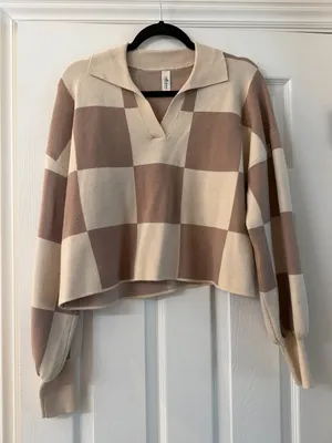 Mahina COlor Block Neutral Crop Collared Sweater Top Size Small Check thumbnail 3