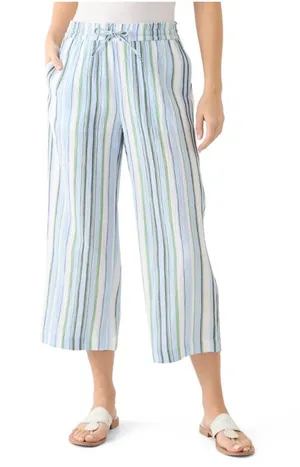 Wonderly Womens Cotton High Rise Tie Waist Ankle Pants Blue Green Striped XL thumbnail 1