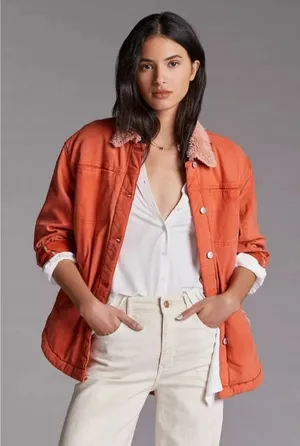 Anthropologie Pilcro Sherpa Shirt Jacket‎ Orange Womens Size M thumbnail 1