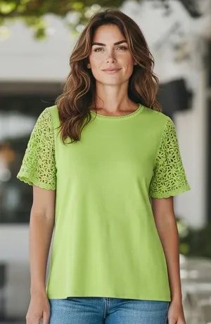 Designers Originals Lime Green Crochet Sleeve Knit Top Large‎ Cottagecore Boho thumbnail 1