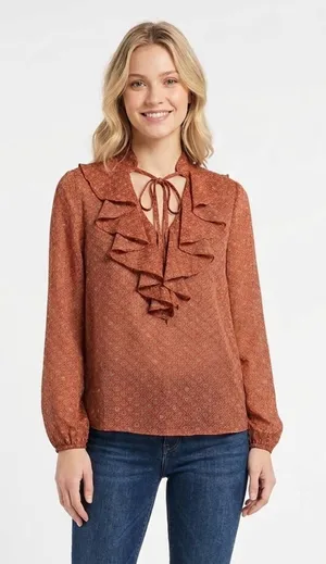 Molly Bracken western long sleeve sheer tie neck high neck ruffle blouse small thumbnail 1