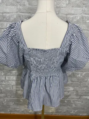 Old Navy Blue and White Striped Square-Neck Peplum Blouse thumbnail 3