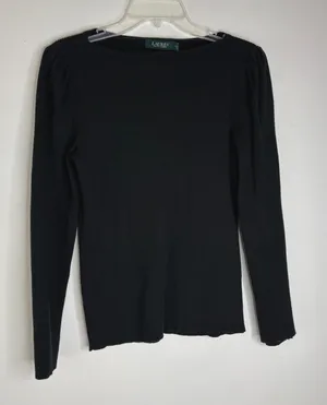 Lauren Ralph Lauren Black Ribbed Knit Long Sleeve Top M Silver Crest Button Cuff thumbnail 1