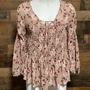 AMERICAN EAGLE Smocked Tan Floral Boho Tiered Peasant Top Size Small thumbnail 3