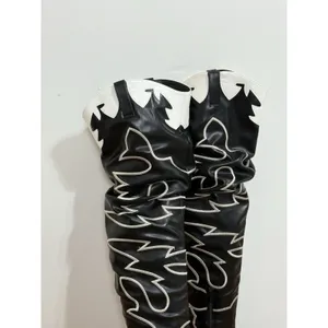 Women's Black & White Cowboy Western Boots Knee High Embroidered Block Size 6 thumbnail 5