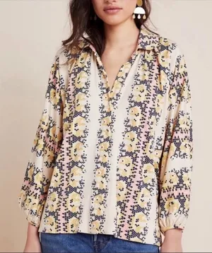 ANTHROPOLOGIE Abbe Honeycomb Buttondown Hexagonal Tops Long Sleeve Pink Size XS thumbnail 1