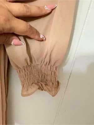 Böhme Pleated Midi Dress Long Sleeve Taupe Smocked Waist Boho Modest Size S thumbnail 4