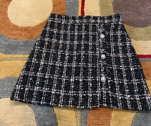 Shein Tweed Short Mini Skirt High Waisted Black White Tan Faux Pearls Size Small thumbnail 1