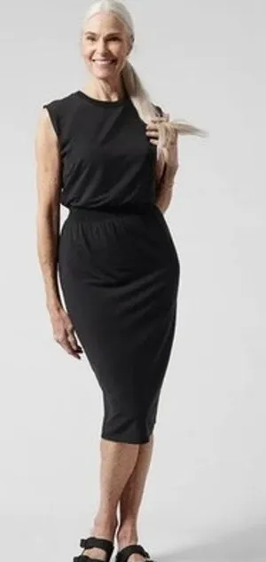 Athleta Santorini Cinch Midi Dress Tencel Modal Sleeveless Capsule Wardrobe Chic thumbnail 1
