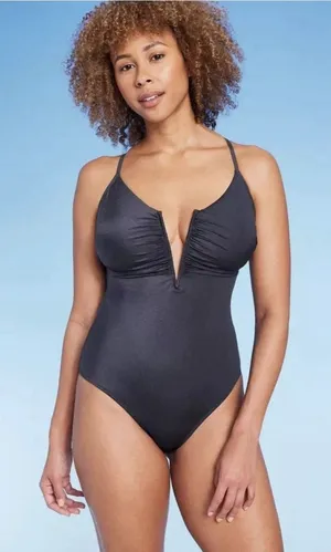 Shade & Shore Women's Medium Navy V-Wire Plunge One Piece Swimsuit NEW thumbnail 1
